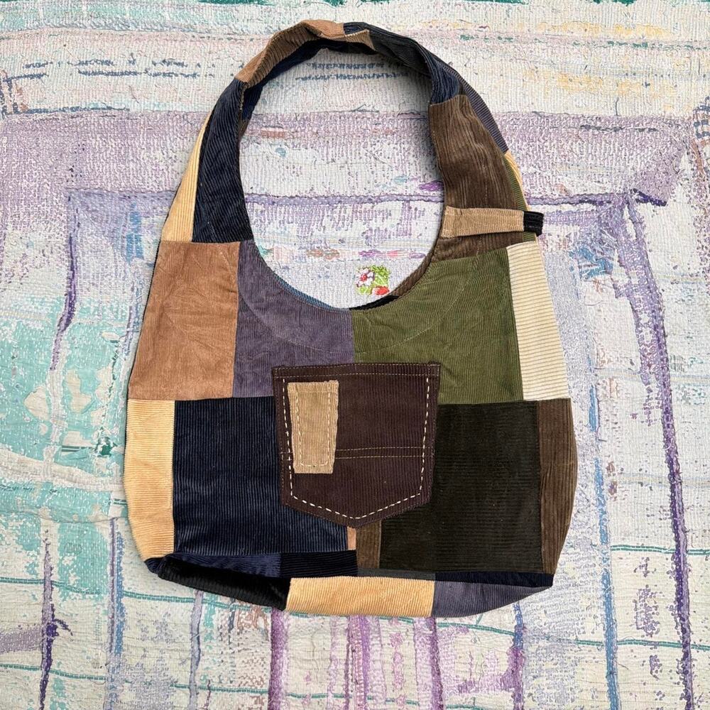 Custom upcycled corduroy shoulder bag handmade patchwork